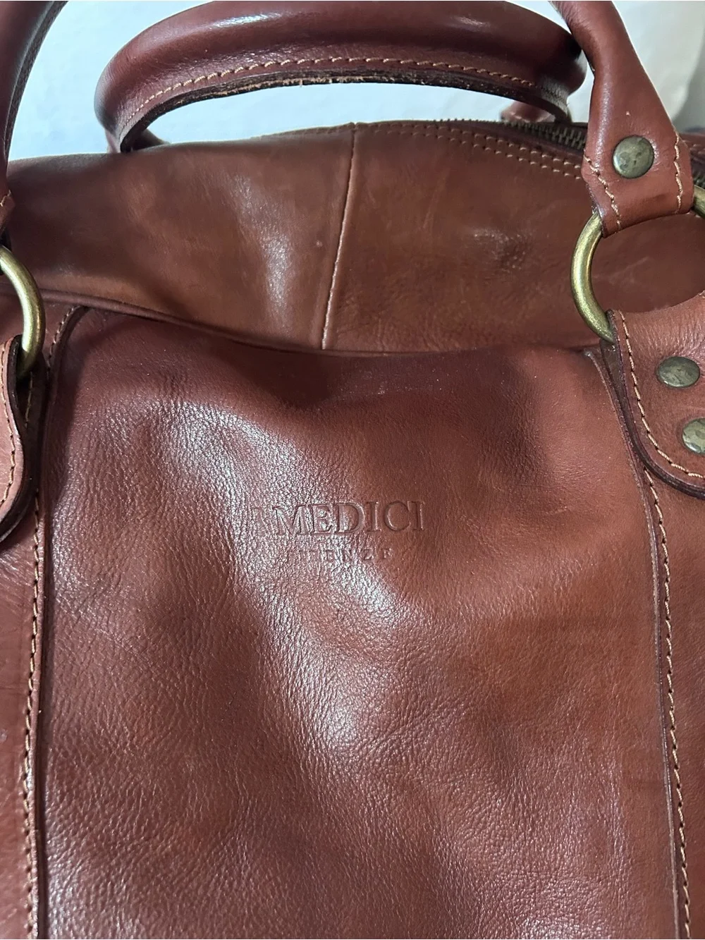 I Medici Firenze Italian Leather Weekender Duffel Bag Cognac Brown Travel Tote